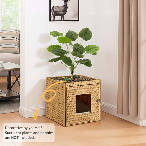 Cat Litter Box Enclosure with Faux Plant & Litter Mat