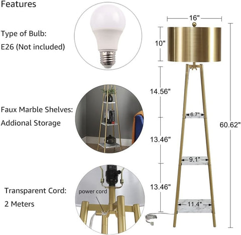 Unipaws Modern Floor Lamp with 3 Shelves & Fabric Shade