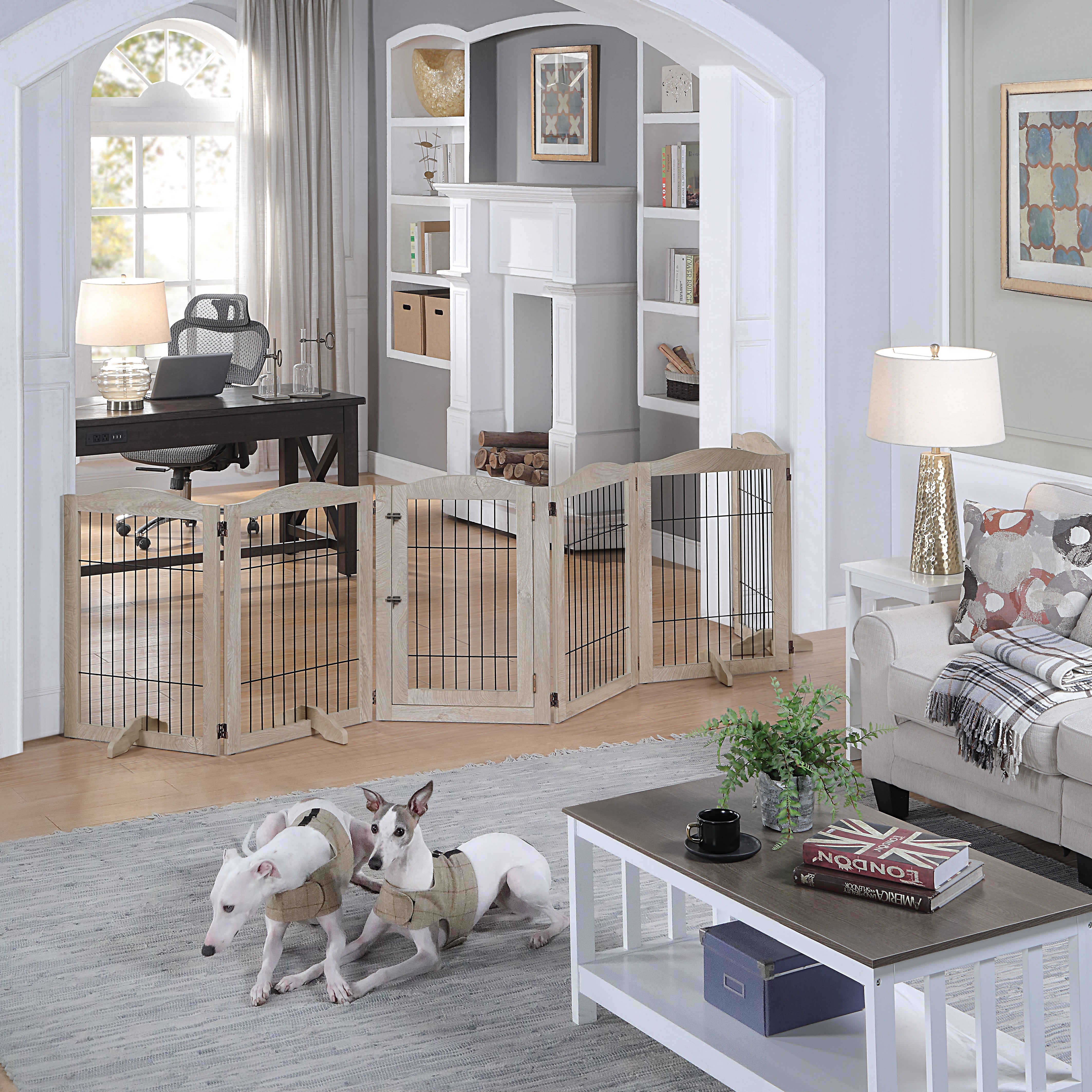 Freestanding Indoor Dog Gate – Wood Pet Playpen with Door