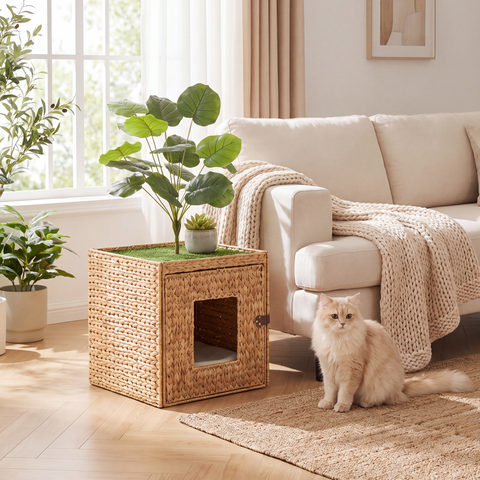 Cat Litter Box Enclosure with Faux Plant & Litter Mat