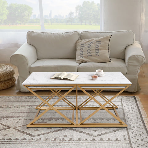 Unipaws 3-Piece Faux Marble Coffee Table Set with Gold Frame