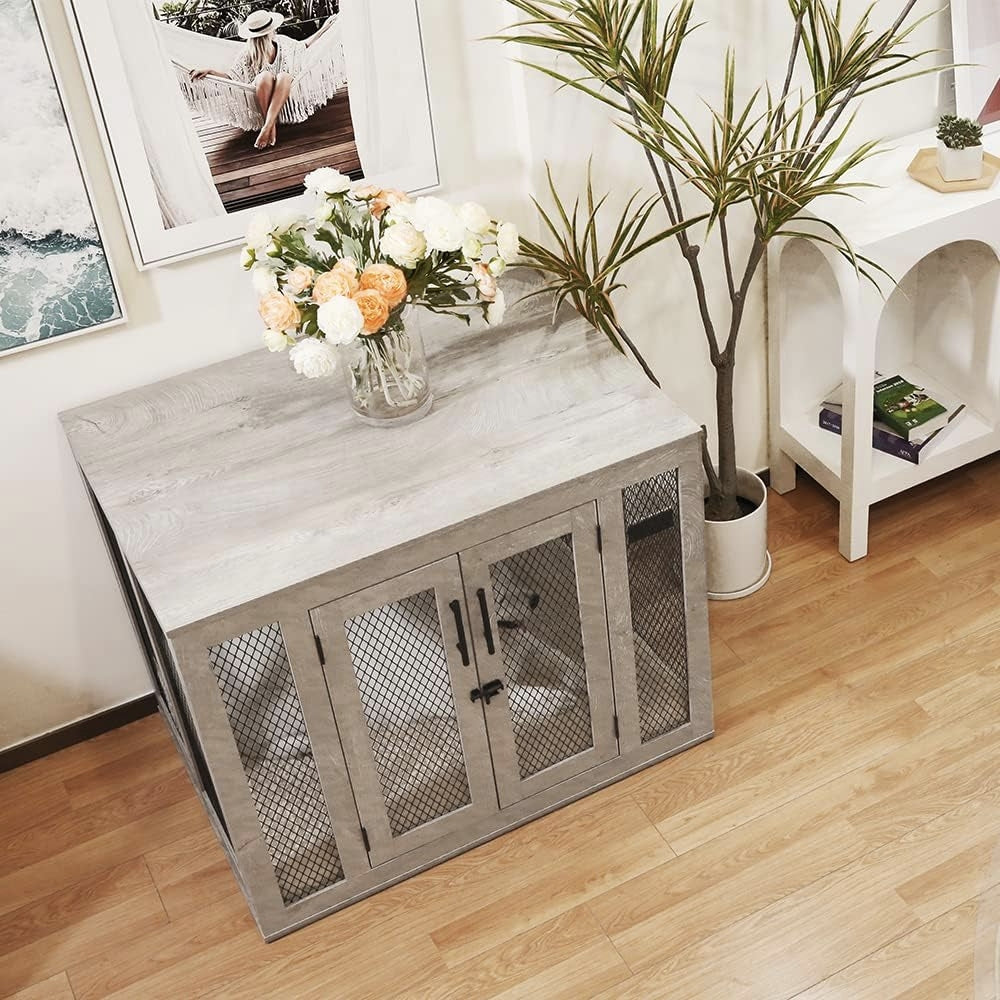 Unipaws  Stylish Wooden Dog Crate & Decor Table with Cushion