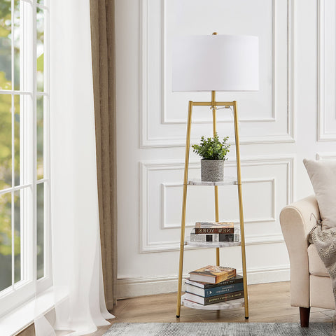 Modern Gold Tripod Floor Lamp with Shelves & Dimmer
