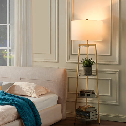 Modern Gold Tripod Floor Lamp with Shelves & Dimmer