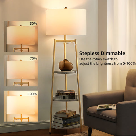 Modern Gold Tripod Floor Lamp with Shelves & Dimmer