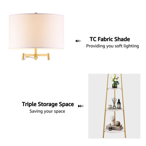 Modern Gold Tripod Floor Lamp with Shelves & Dimmer