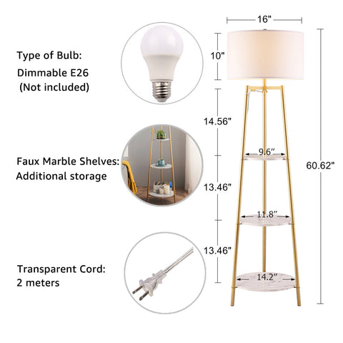 Modern Gold Tripod Floor Lamp with Shelves & Dimmer