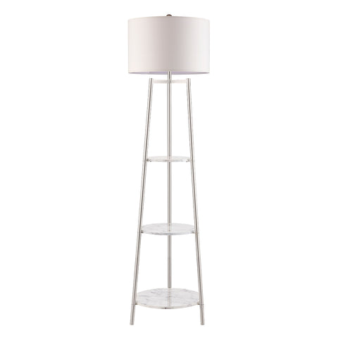 Modern Tripod Floor Lamp with Shelves and Fabric Shade - Silver