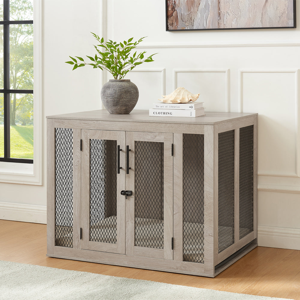Unipaws  Stylish Wooden Dog Crate & Decor Table with Cushion