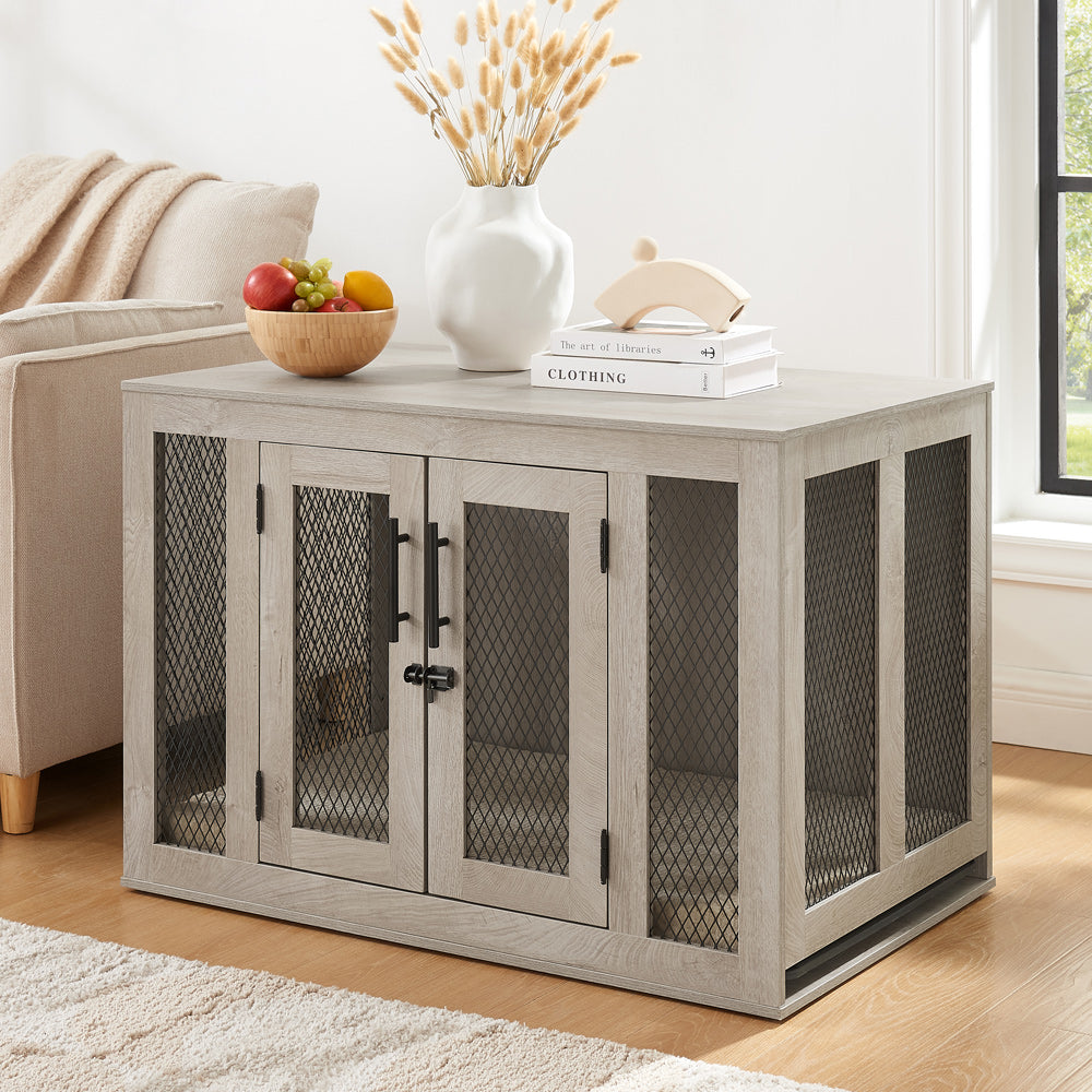 Unipaws  Stylish Wooden Dog Crate & Decor Table with Cushion