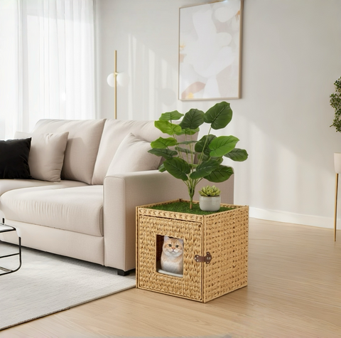 Cat Litter Box Enclosure with Faux Plant & Litter Mat