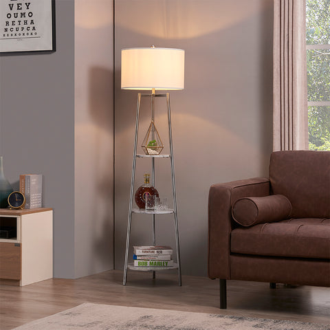 Modern Tripod Floor Lamp with Shelves and Fabric Shade - Silver