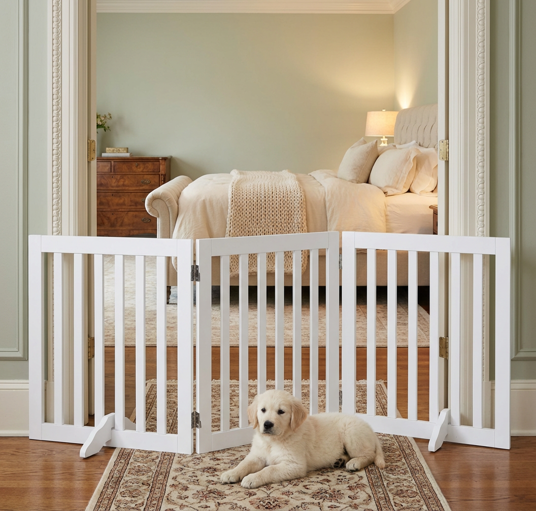 Freestanding Wooden Dog Gate – Foldable Indoor Pet Gate for Small Dogs & Puppies