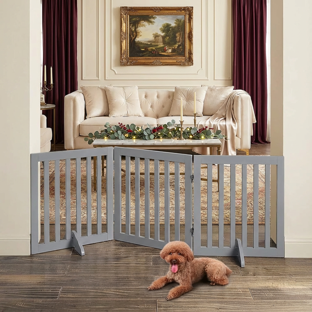 Freestanding Wooden Dog Gate – Foldable Indoor Pet Gate for Small Dogs & Puppies