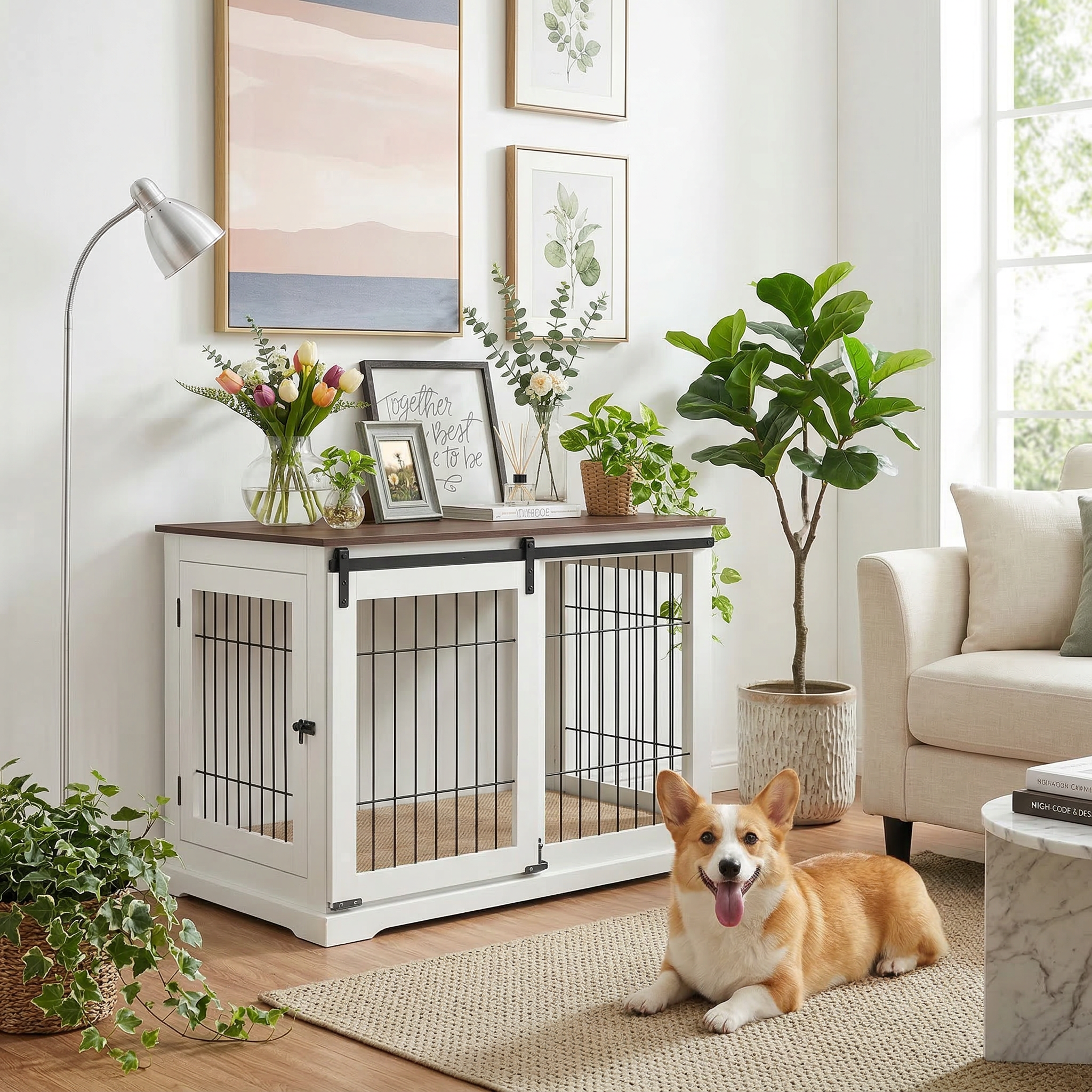 Wooden Dog Crate – Sliding Barn Door, Double Doors