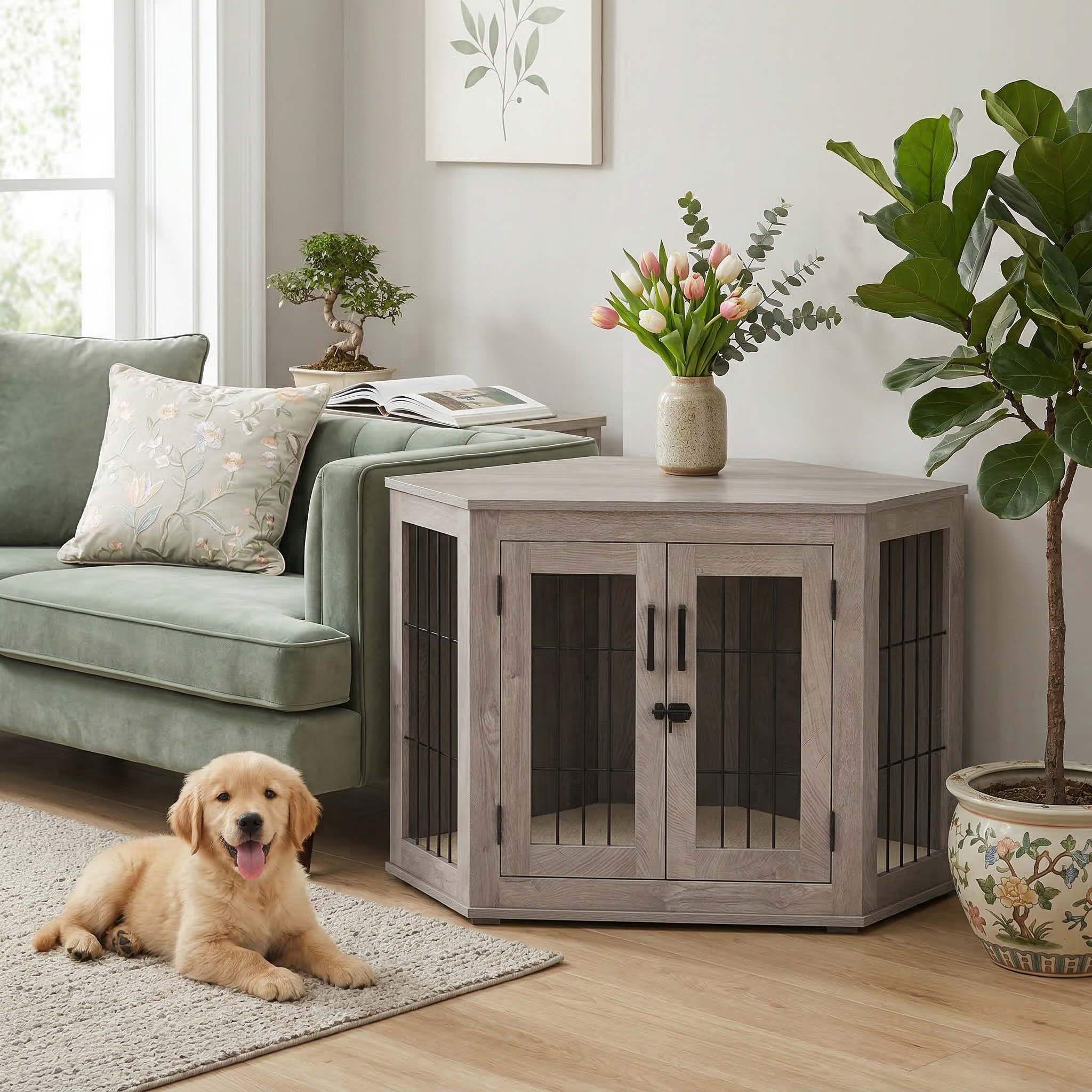 Stylish Wooden Corner Dog Crate