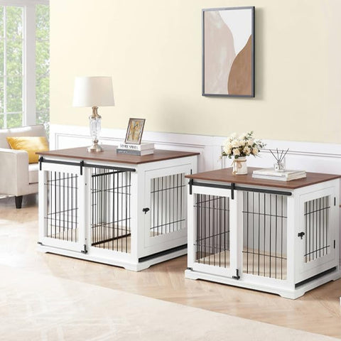 Wooden Dog Crate – Sliding Barn Door, Double Doors, Tray & Cushion