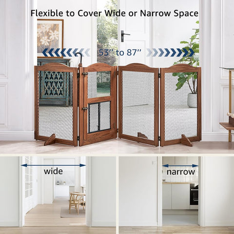 Pet Gate with Cat Door – Freestanding Metal Mesh Barrier for Dogs & Cats