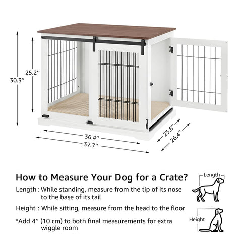 Wooden Dog Crate – Sliding Barn Door, Double Doors, Tray & Cushion