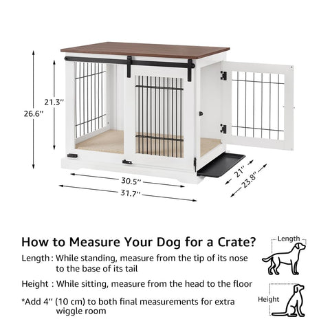 Wooden Dog Crate – Sliding Barn Door, Double Doors, Tray & Cushion