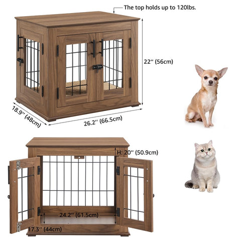 Wire Bar Dog Crate End Table – Double Doors, Wooden Furniture Style