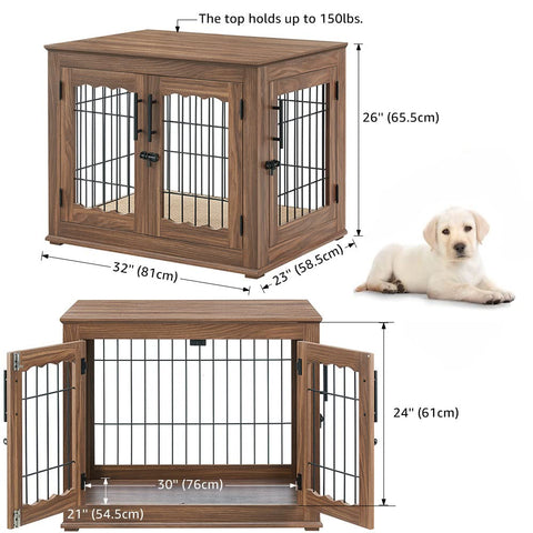 Wire Bar Dog Crate End Table – Double Doors, Wooden Furniture Style