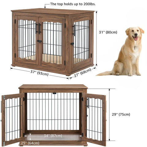 Wire Bar Dog Crate End Table – Double Doors, Wooden Furniture Style