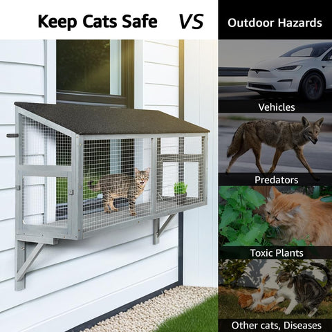 Wooden Cat Window Catio – Expandable Outdoor Enclosure for Indoor Cats