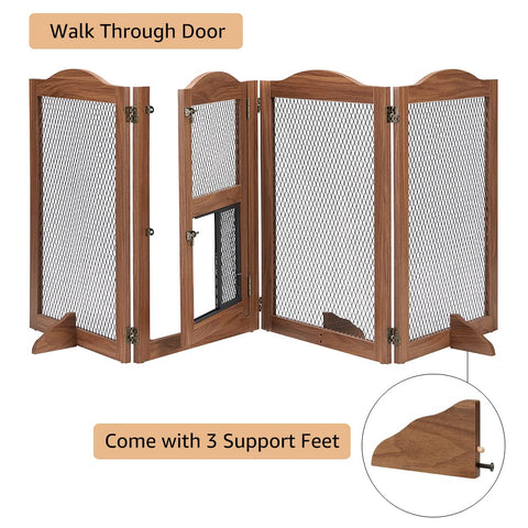 Pet Gate with Cat Door – Freestanding Metal Mesh Barrier for Dogs & Cats