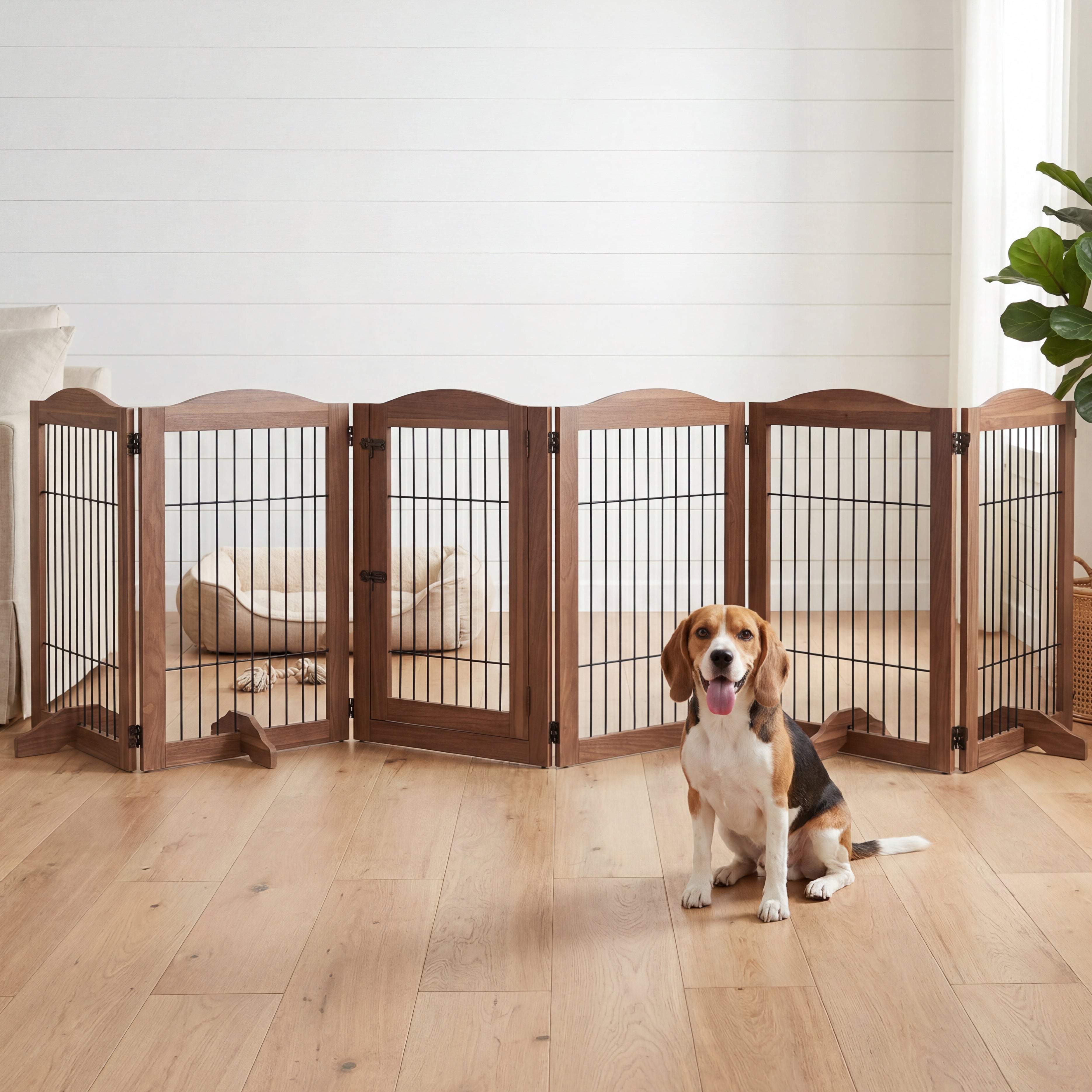 Freestanding indoor dog gate 6-panel wood playpen with door