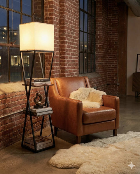 61" Floor Lamp with Shelves – Modern Farmhouse 3-Tier Standing Light