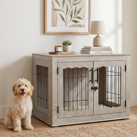 Dog sitting next to a wooden pet crate in a room with a lamp and framed picture on the wall.