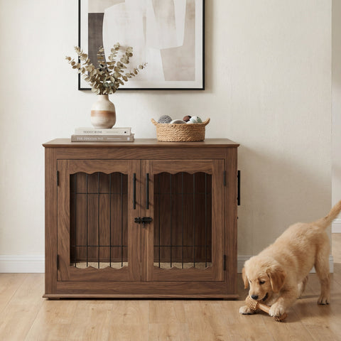 Dog standing next to a furniture style wooden crate in living room