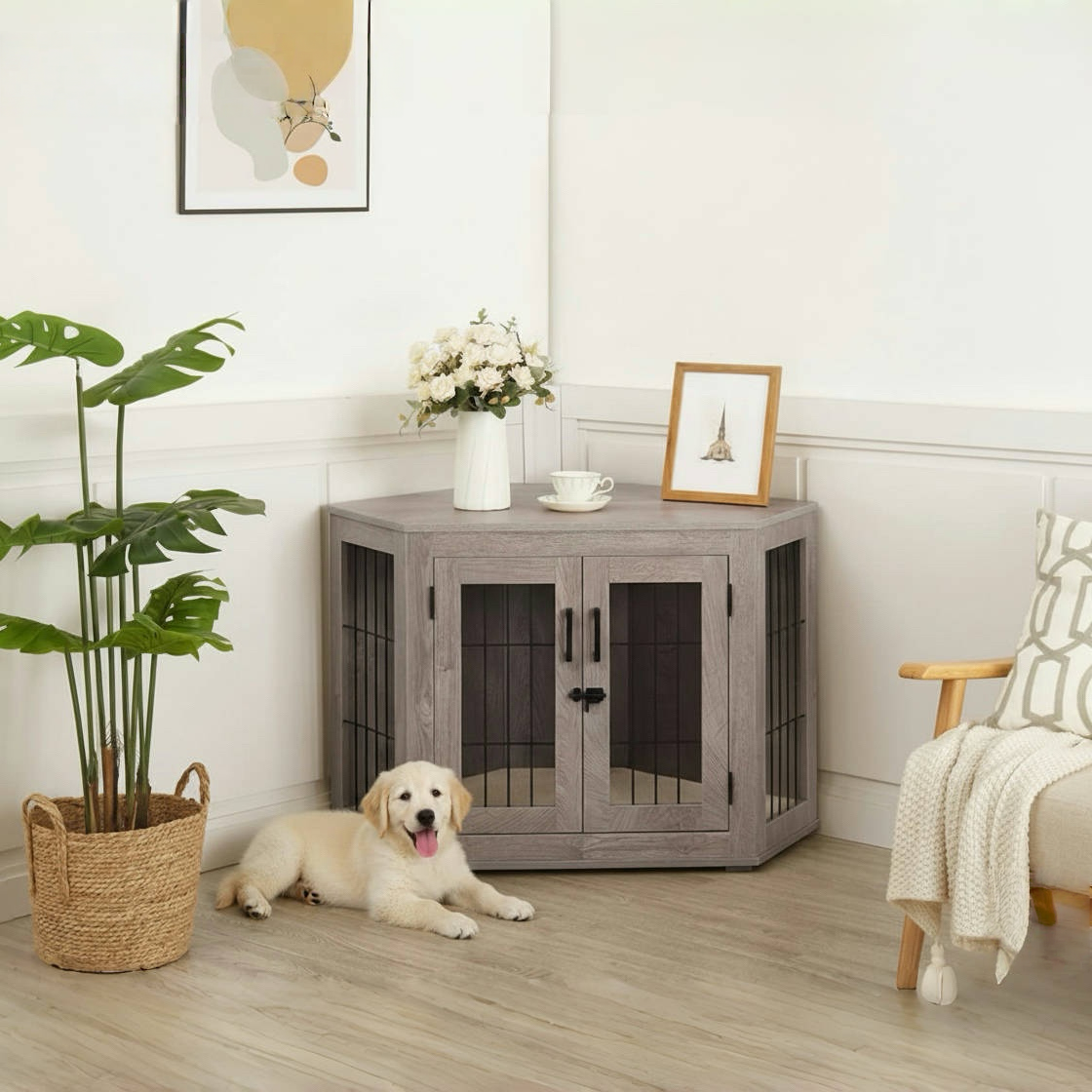 Stylish Wooden Corner Dog Crate