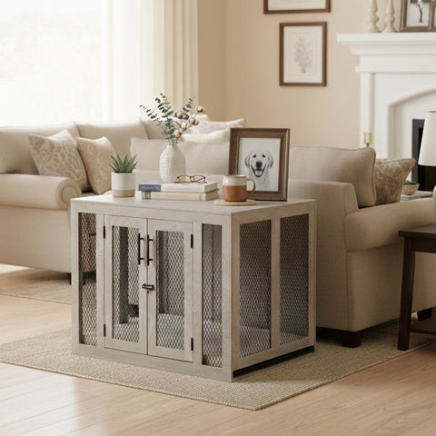 Unipaws  Stylish Wooden Dog Crate & Decor Table with Cushion