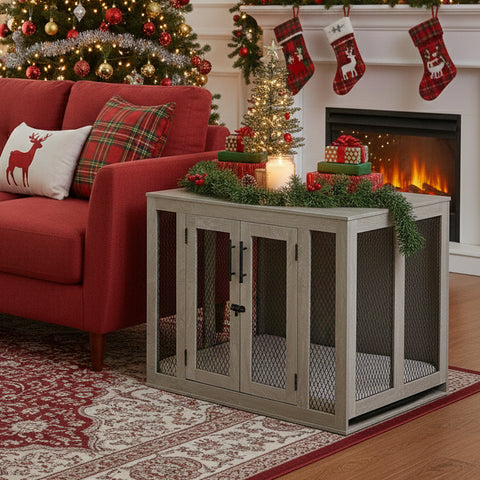 Unipaws  Stylish Wooden Dog Crate & Decor Table with Cushion