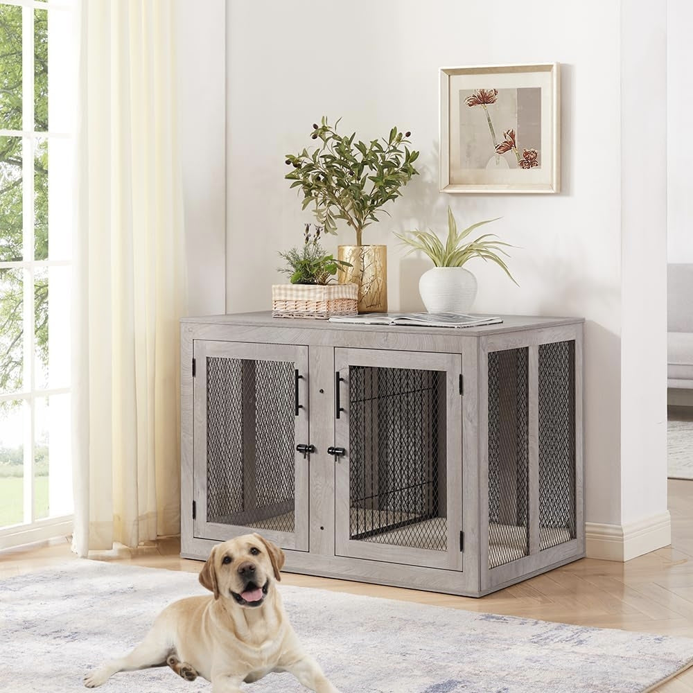 Unipaws  Stylish Wooden Dog Crate & Decor Table with Cushion