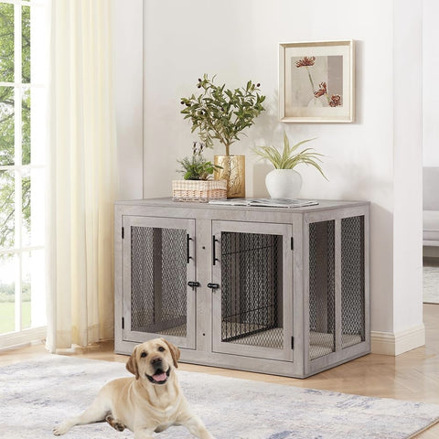 Unipaws  Stylish Wooden Dog Crate & Decor Table with Cushion