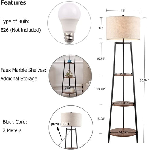 Modern Tripod Floor Lamp with Shelves and Fabric Shade