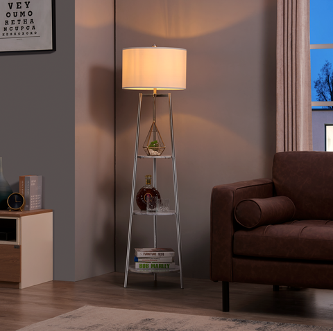 Modern Tripod Floor Lamp with Shelves and Fabric Shade - Silver
