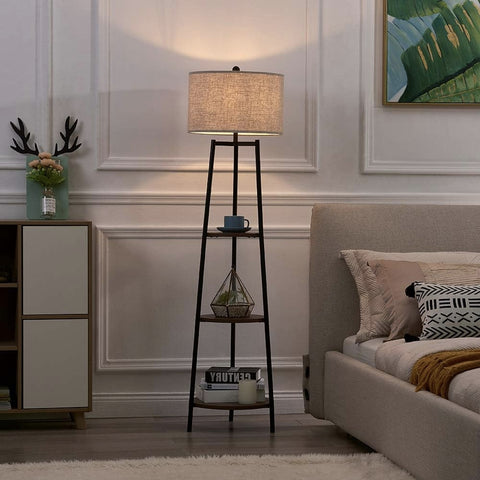 Modern Tripod Floor Lamp with Shelves and Fabric Shade
