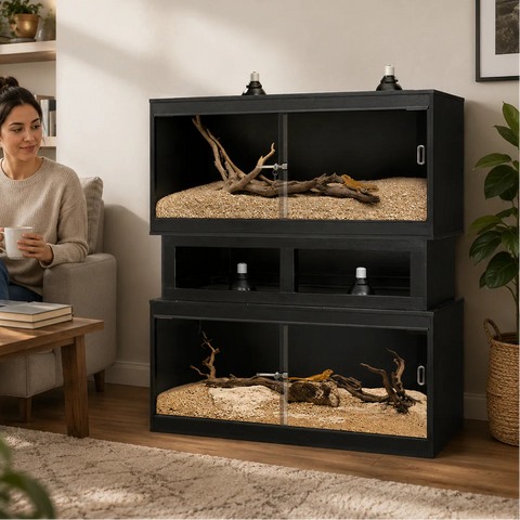 A black stacked reptile terrarium display cabinet with glass doors, shown in a styled living room setting next to a woman sitting on a couch. The cabinet contains sand and driftwood.
