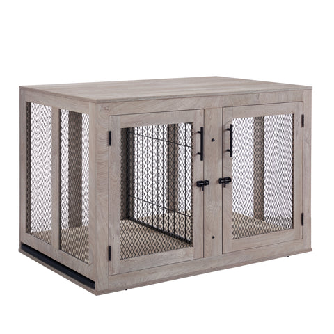 UniPawsStore2023_Unipaws Wooden Dog Crate with Cushion & Tray