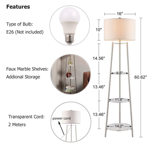 Modern Tripod Floor Lamp with Shelves and Fabric Shade - Silver