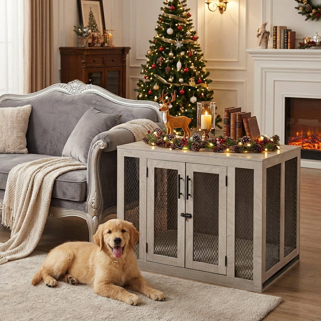 Unipaws  Stylish Wooden Dog Crate & Decor Table with Cushion